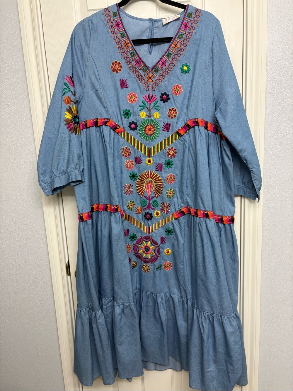 Bohemian Embroidered Blue Tiered Midi Dress